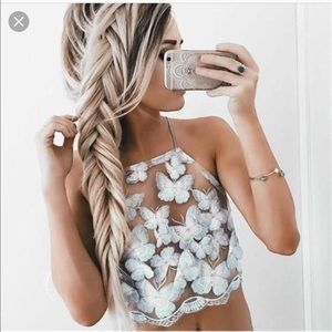 Sheer butterfly embroidered halter top